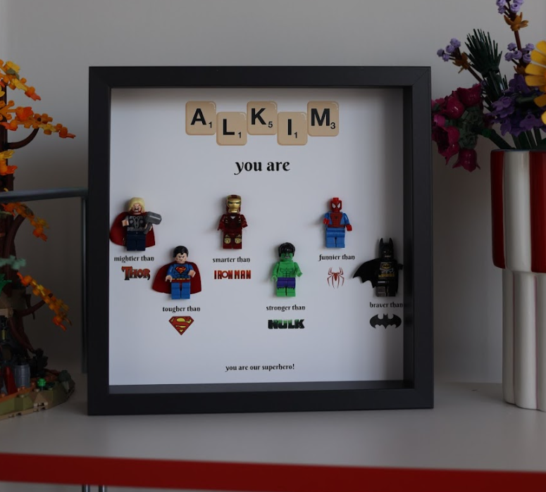 6-Character Superhero Dad LEGO Frame – Personalized Gift
