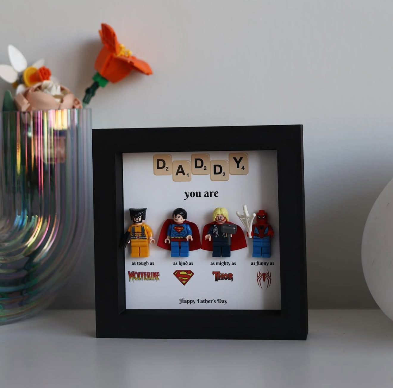 4-Character Superhero Dad LEGO Frame – Personalized Gift